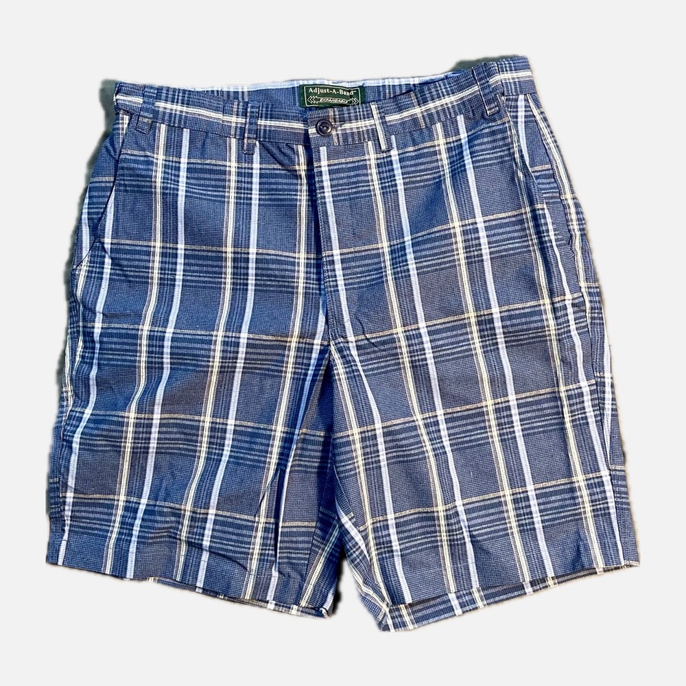 John Blair Adjust-A-Band Blue Plaid Knee Shorts Size 34